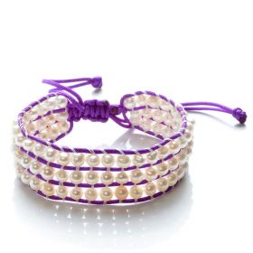 Handmade Cord Weaving Potato 4-5mm Freshwater White Pearls 3 Row Wrap Bracelet