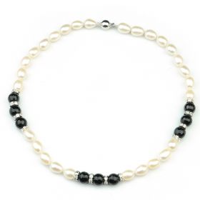 Simple Fashion White Freshwater Rice Pearls Black Agate Necklace