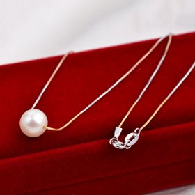 925 Silver Snake Chain 9.5-10.5mm Round White Pearl Necklace EN14