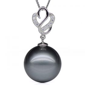 Round 14-15mm AA Natural Black Tahitian Pearl Pendant with 925 Sterling Silver Necklace Chain EP1159