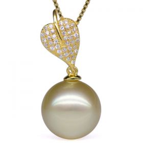 13-14mm A+ Round Golden South Sea Pearl Pendant with 925 Sterling Silver Necklace Chain EP7032