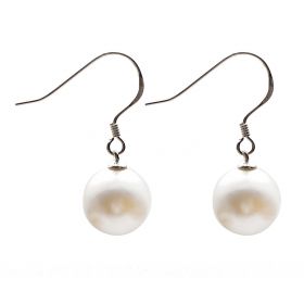 Classic White Shell Pearl Dangle Earrings 925 Sterling Silver Hook 10mm Round