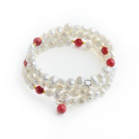 Elegant 6-7mm White Freshwater Cultured Pearls Bangle Bracelet with Red Coral