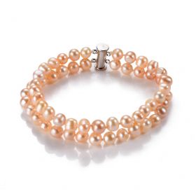 6-7mm Pink Freshwater Cultured Pearl Double Strand Bracelet for Women Girls
