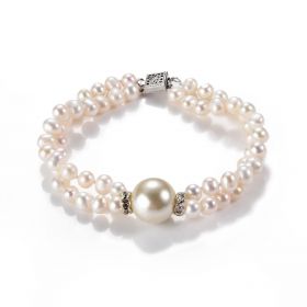 Two-row 6-7mm Light Pink Potato Freshwater Pearls with One White Shell Pearl Bracelet 