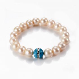 9-10mm White Freshwater Cultured Potato Pearls with Blue Turquoise Stretch Bracelet