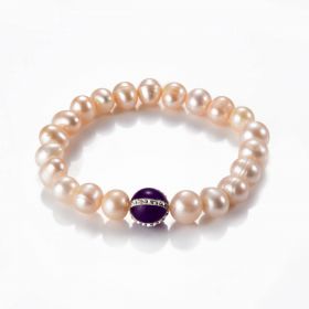 9-10mm White Freshwater Potato Pearls with Amethyst Bead Stretch Bracelet