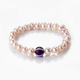 Classic 9-10mm Pink Cultured Potato Pearls with Amethyst Bead Elastic Stretch Bracelet