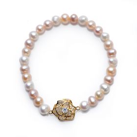 Gold Plated 925 Silver Beautiful Flower Charm 6-7mm Potato Multi-color Pearl Stretch Bracelet