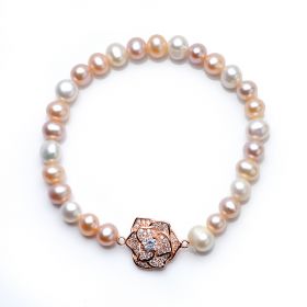Rose Gold Plated 925 Silver Floral Fashion 6-7mm Potato Multi-color Pearl Stretch Bracelet