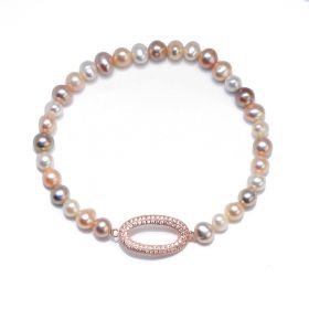 Rose Gold Plated 925 Silver Curved Oval Charm 5-6mm Potato Multi color Pearl Stretch Bracelet