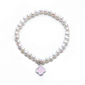 925 Silver Pink Clovers Charm 5-6mm Potato Pearl Stretch Bracelet for Girls Simple Jewelry