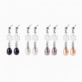 Chic Flower Design 6*8mm Teardrop Freshwater Pearl Drop Dangle Earrings Copper Studs