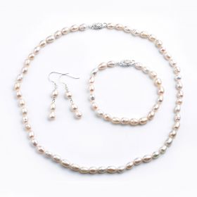 Rice-shape 6-7mm White Freshwater Pearl Necklace Set FN1114