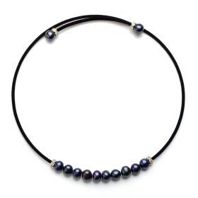Luxury 7-8mm Black Potato Pearls Choker Necklace Black Cotton Cord for Ladies