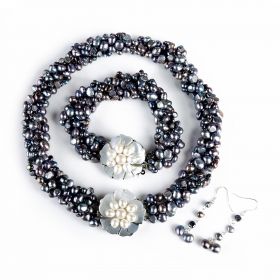 Black Nugget Pearl Twisted Necklace, Bracelet, Earrings Set