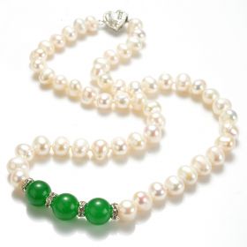 7-8mm Potato White Freshwater Pearls Malaysia Jade Necklace with Copper Heart Clasp