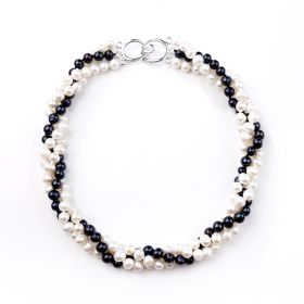 3-rows White and Black Potato Freshwater Pearls Twisted Necklace