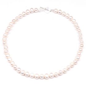 Chic 8-9 mm White Freshwater Cultured Pearls Necklace 925 Sterling Silver Heart Clasp