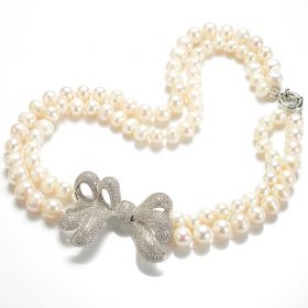 Potato White Freshwater Pearls Bowknot Necklace 2 Strand Pearls FN496