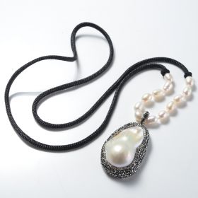 Fashion White Baroque Pearl Rhinestone Studded Pendant Black Rope Necklace for Women's Jewelry 