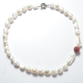 Women's 9-10mm Nugget White Freshwater Pearl Red Rhinestone Metal Ball Beads Necklace