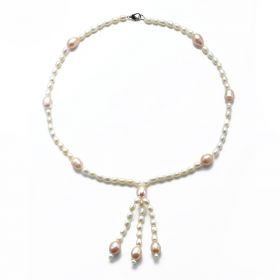 Rice 5-6mm White and 8-9mm Pink Freshwater Pearl Tassel Necklace