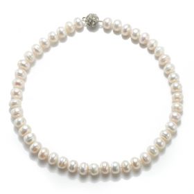 9-10mm Button White Pearl Single Strand Necklace Magnet Clasp FN959
