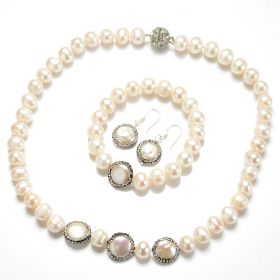 9-10mm Potato White Pearl Jewelry Set 14-15mm Rhinestones Coin Pearls FNS164