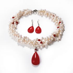 Teardrop Red Agate Stone Pendant Twisted Freshwater Pearl 3 Strand Necklace Earrings Jewelry Set