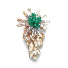 Baroque Pearls Round Green Jade Golden Metallic Leaves Handmade Brooch