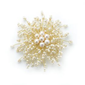 Radial Fashion Model White Pearls Brooch Hand Wired Golden Metallic Thread