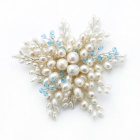 Handmade Radial Shape White Pearls Brooch with Blue Crystal Beads Ornament for Women