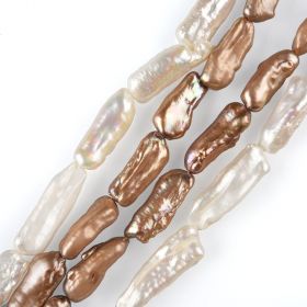 White/Brown Stick Biwa Freshwater Pearls Beads Strand 15" for Jewelry Making