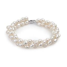 Rice 5-6 mm Freshwater White Pearl Three Strands Twisted Bridal Bracelet 925 Silver Clasp