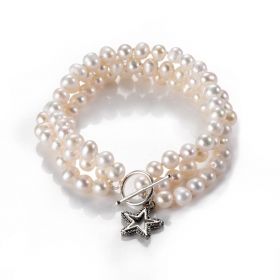 Fashionable White Potato Freshwater Pearls 3 Row Twisted Bracelet with Shiny Star Charms