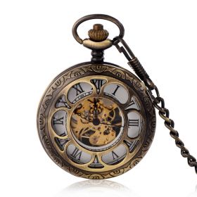 Antique Hollow Double Hunter Skeleton Mechanical Pocket Watch Roman Numerals with Chain