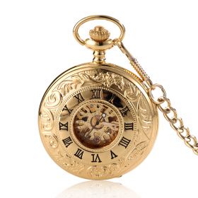 Mechanical Pocket Watch Half Hunter Case Steampunk Skeleton Dial for Men Women Golden Roman Numerals