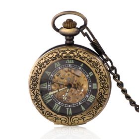 Half Hunter Magnifier Glass Bronze Engraved Case Skeleton Dial Mechanical Pocket Watch Roman Numerals