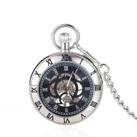Carved Roman Number Mechanical Skeleton Pocket Watch Open Face Steampunk Style with Chain