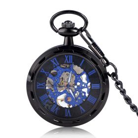 Blue Roman Numerals Mechanical Pocket Watches Black Case with Alloy Chain