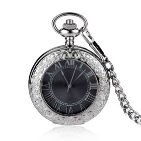 Engraved Silver Roman Mechanical Pocket Watch Magnifier Glass Case with Chain