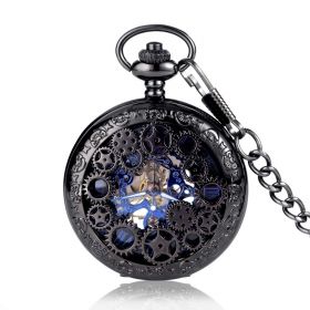 Classic Antique Black Hollow Gear Wheel Skeleton Blue Roman Numerals Mechanical Pocket Watch 