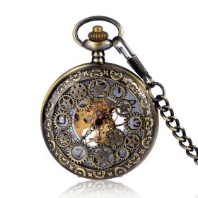 Classic Antique Bronze Hollow Gear Wheel Mechanical Pocket Watch Skeleton Hand Wind with Chain