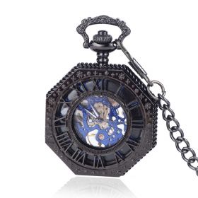 Chic Retro Black Mechanical Pocket Watches Blue Roman Number with Chain