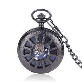 Black Classic Vintage Wheel Hollow Out Mechanical Pocket Watch Blue Roman Numerals