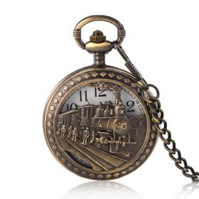 Steam Train Railroad Antique Bronze Quartz Pocket Watch with Chain for Men Kids