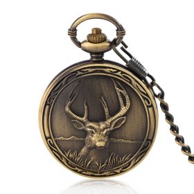 Classic Vintage Bronze Antique Deer Design Case for Men's Quartz Pocket Watch with Chain