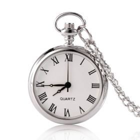Simple Silver Quartz Movement Open Face Pocket Watch with Pendant Chain Necklace 32 inch