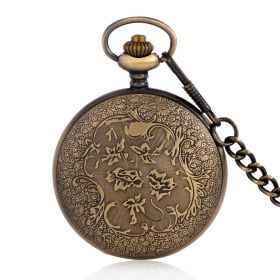 Embossed Shield Case Bronze Color Quartz Pocket Watch with Chain Fathers Day Gift